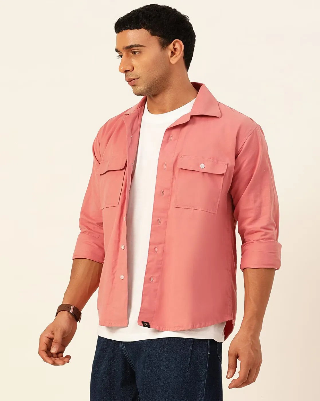 Pink Shirts for Men By Cuban-Collar Shacket Shirt with Flap Pockets