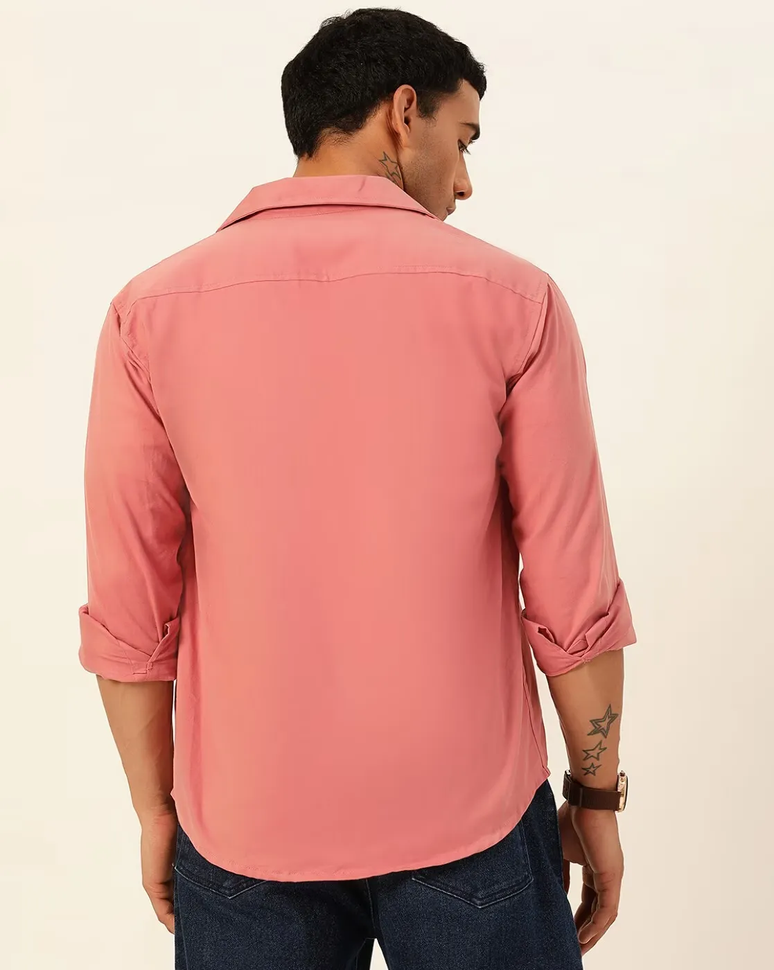 Pink Shirts for Men By Cuban-Collar Shacket Shirt with Flap Pockets