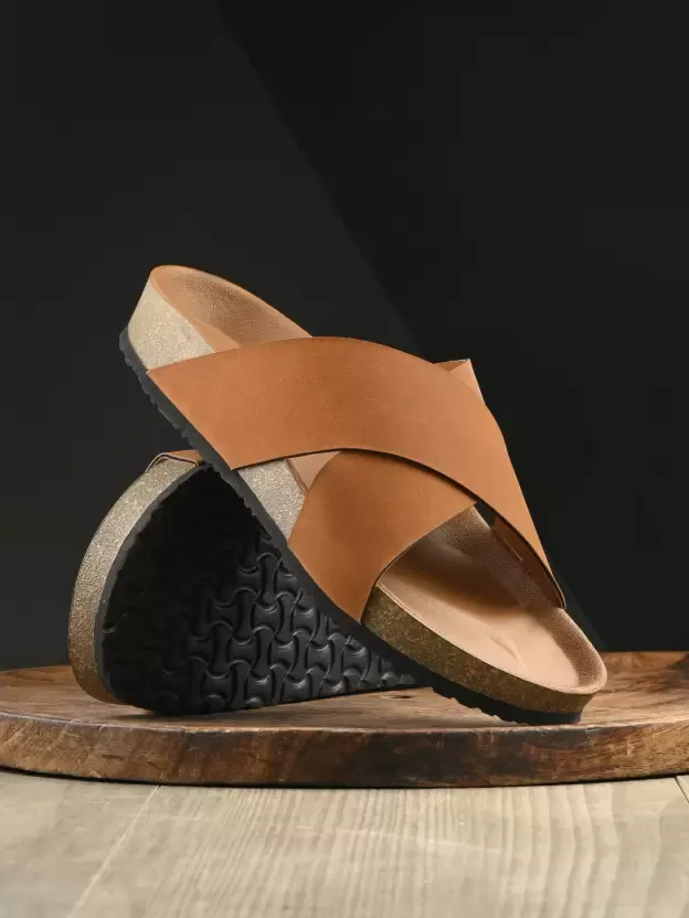 Men's Stylish Brown Cross-Strap Sandals with Comfortable Cork Sole