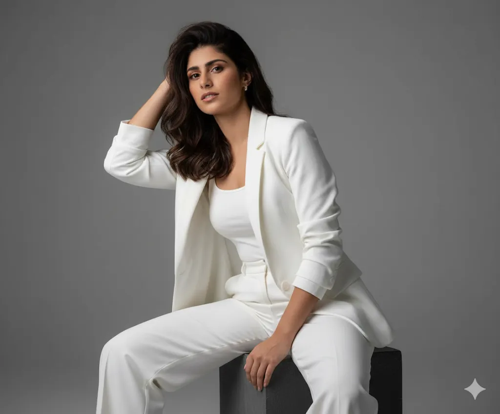 Confident Woman in White Suit – Modern Studio Fashion Portrait