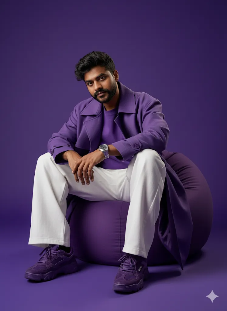 Monochrome Purple Style Portrait – Confident Man in Modern Outfit on Bean Bag Chair