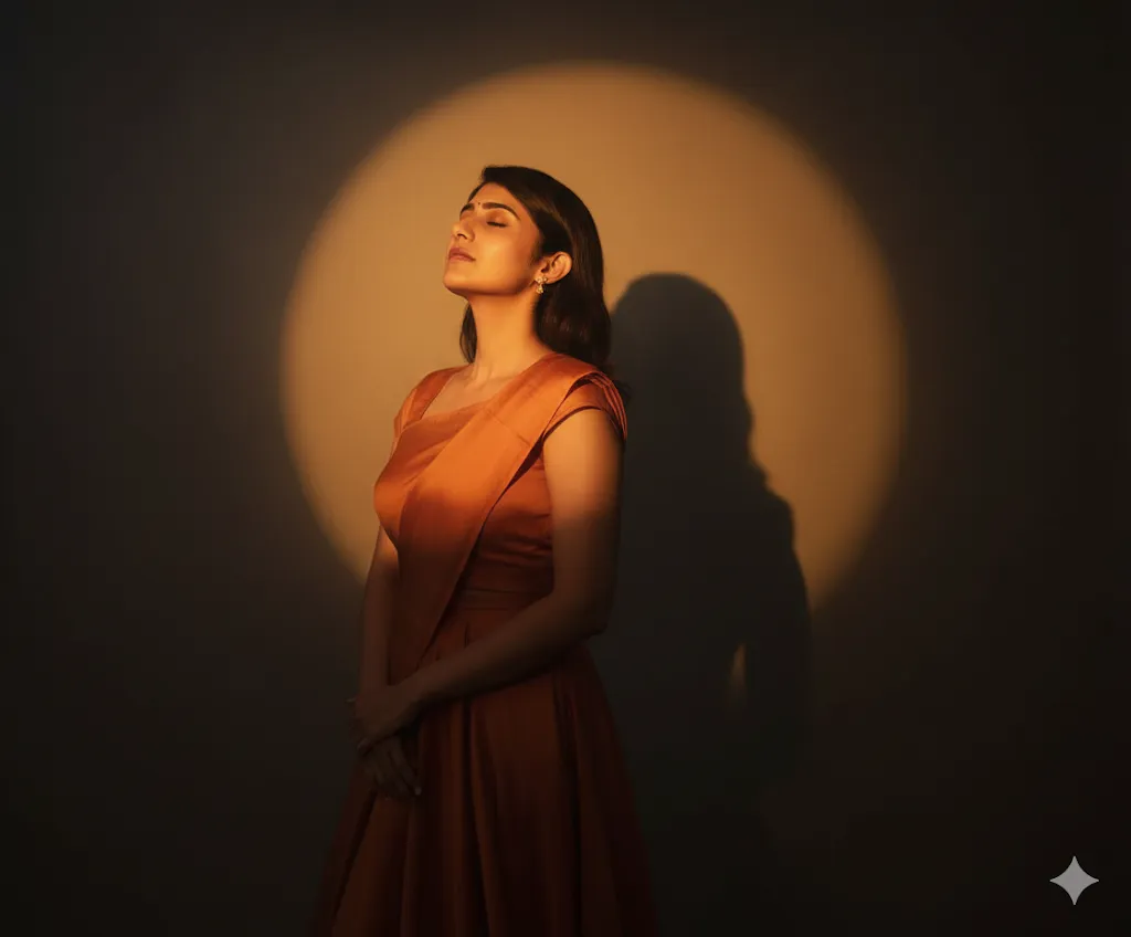 Dramatic Spotlight Portrait – Serene Woman in Flowing Orange Dress with Artistic Shadow