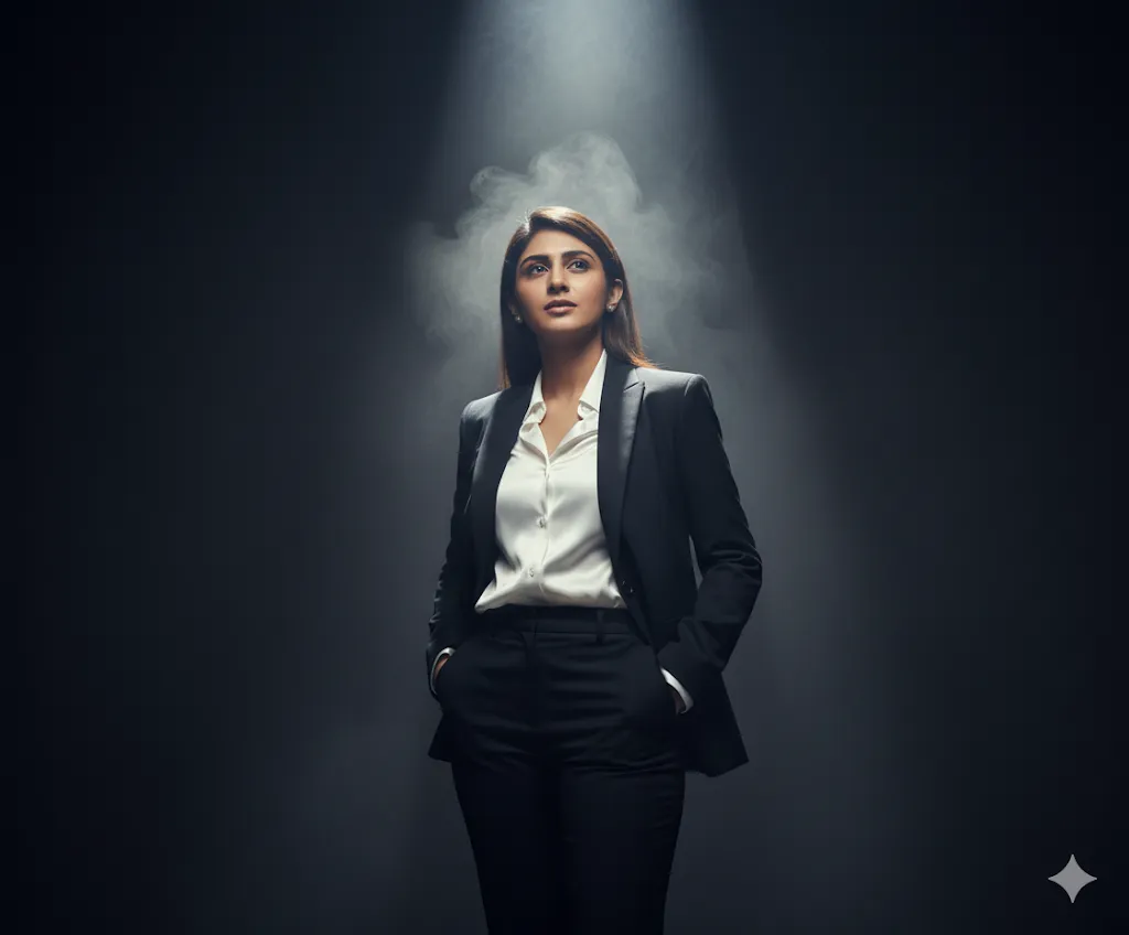 Powerful Woman in Suit Under Dramatic Spotlight – Confident Business Portrait