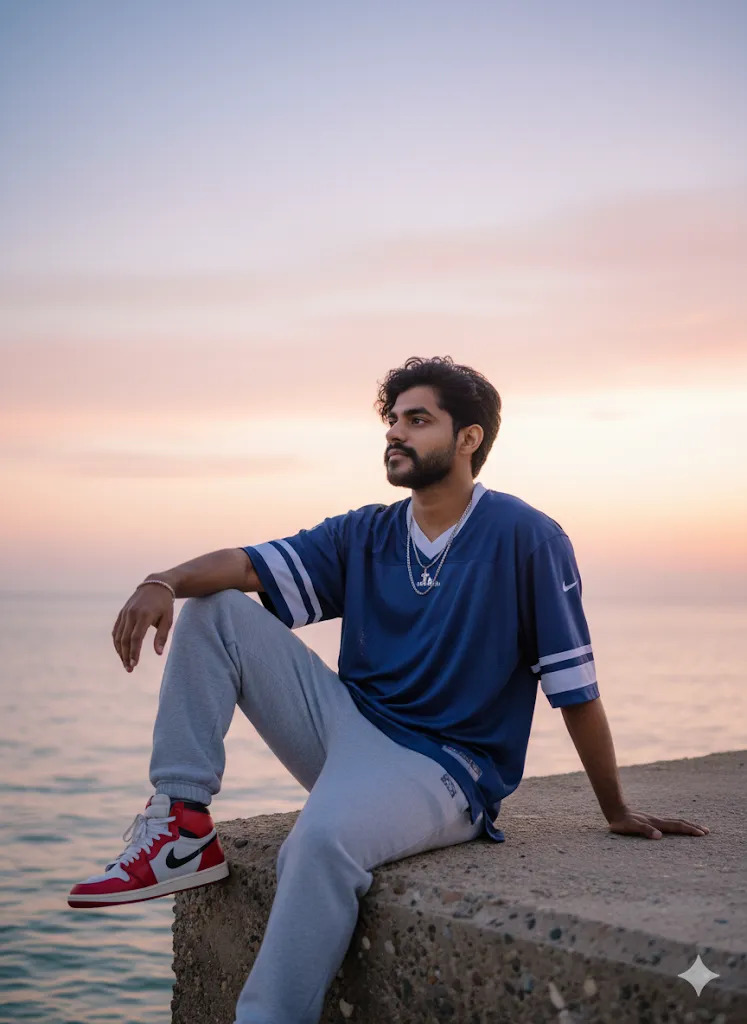 Golden Hour Vibes – Casual Man in Varsity Jersey by the Sea at Sunset