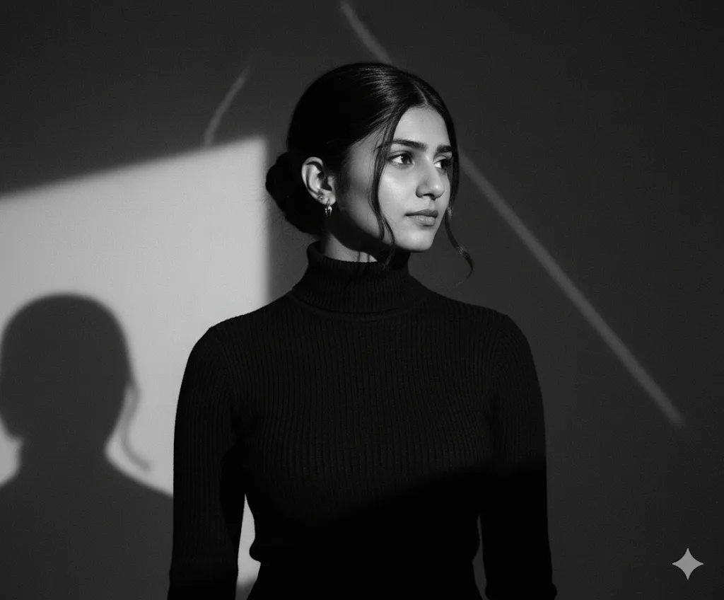 Minimalist Black Turtleneck Portrait – Artistic Shadow Play in Monochrome