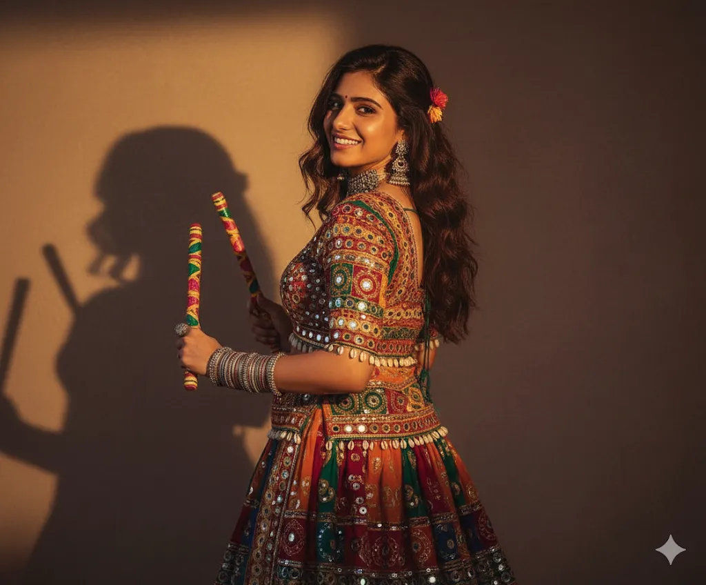Garba Glow – Woman in Mirrorwork Chaniya Choli with Dandiya Sticks (Gemini Ai Prompt)