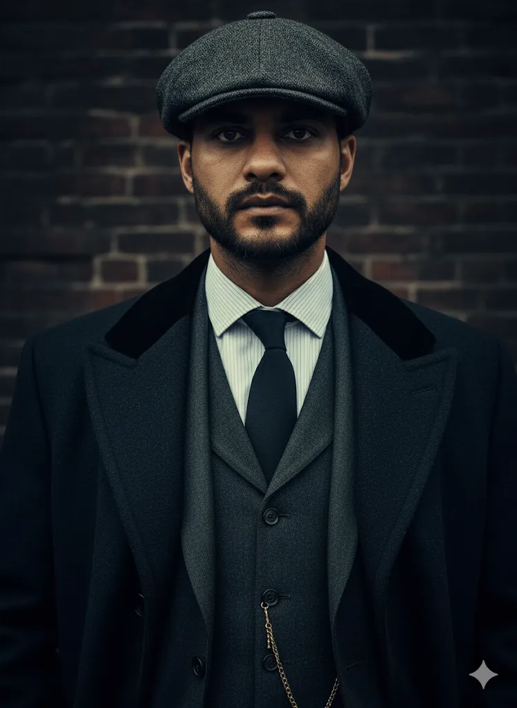 Retro Elegance – Man in Tweed Flat Cap, Three-Piece Suit, and Gold Pocket Watch (Gemini Ai Prompt)