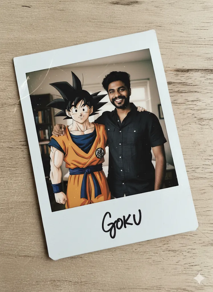 Anime Memory Lane – Polaroid of Man Smiling with Goku (Gemini Ai Prompt)