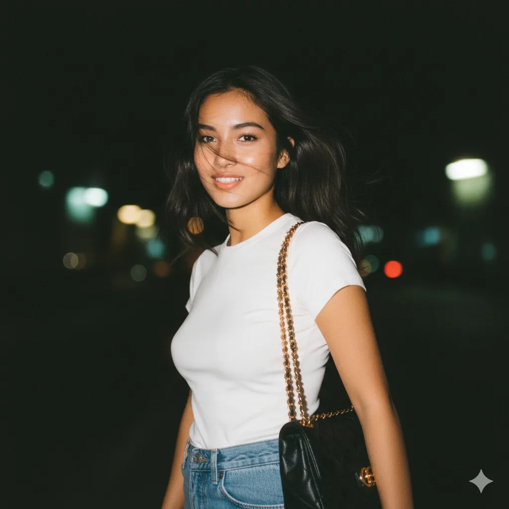 Minimalist White Dress Portrait – Relaxed Woman at Modern Table in Bright Studio