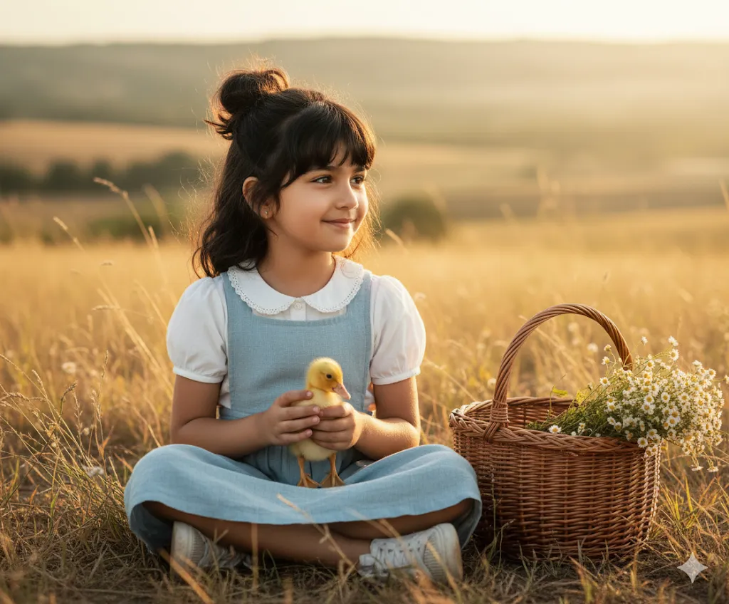 Meadow Innocence – Girl with Duckling and Wildflower Basket in Golden Field (Gemini Ai Prompt)