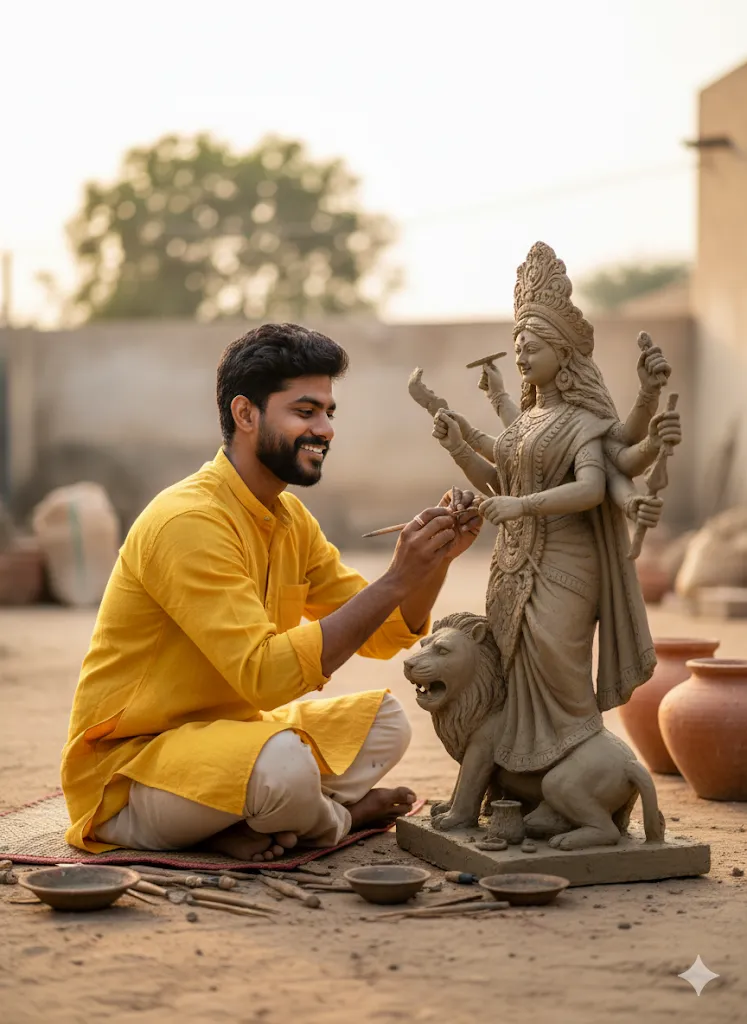 Sculpting Devotion – Artisan in Yellow Kurta Creating Goddess Durga Idol (Gemini Ai Prompt)