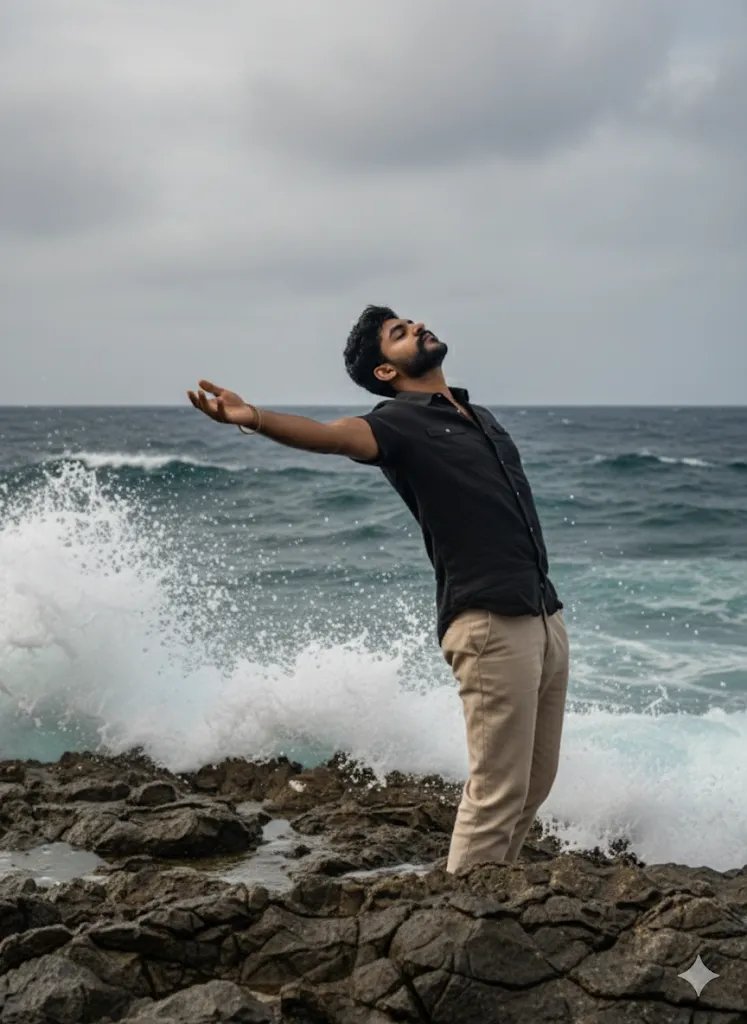 Man Embracing Freedom on Rocky Ocean Coast – AI Generated Seascape Portrait