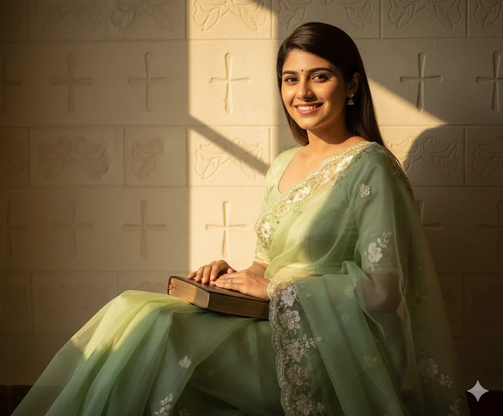 Golden Hour Serenity – Woman in Pastel Green Saree Reading by Sunlit Wall