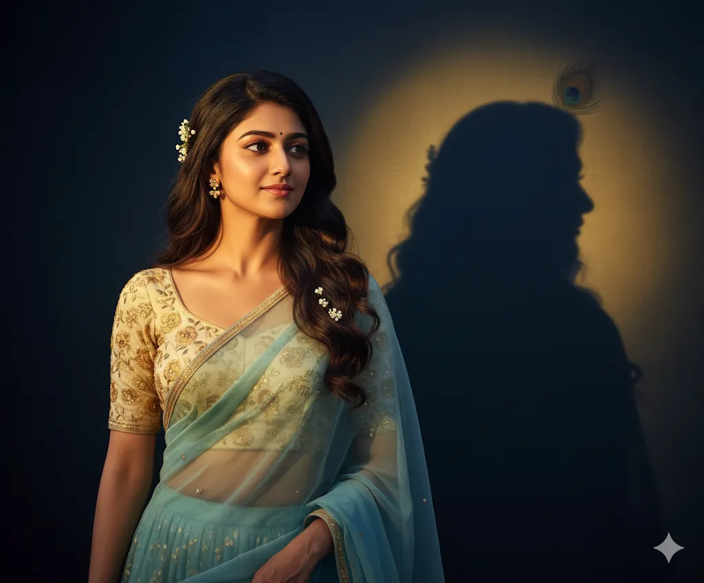 Moonlit Grace – Woman in Embroidered Pale Blue Saree with Blossoms in Hair and Shadow Play (Gemini Ai Prompt)