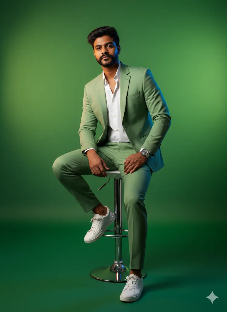Mint Modern – Man in Green Suit on Stool with Green Studio Background (Gemini Ai Prompt)