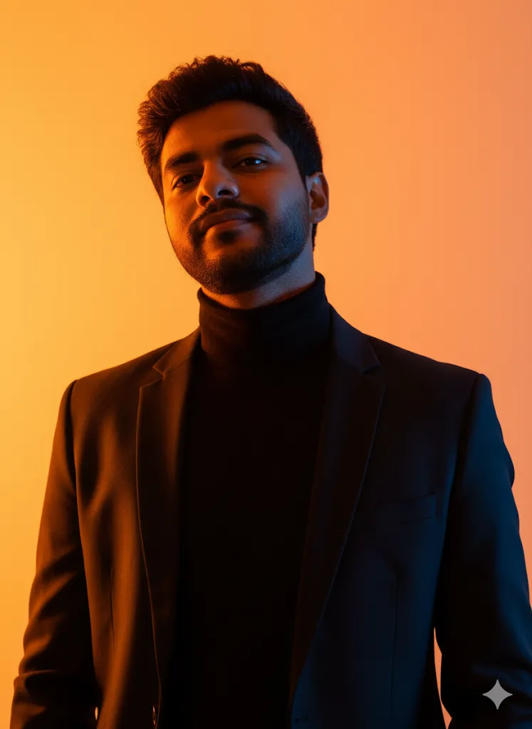 Bold Contrast – Man in Black Blazer Against Orange Glow (Gemini Ai Prompt)