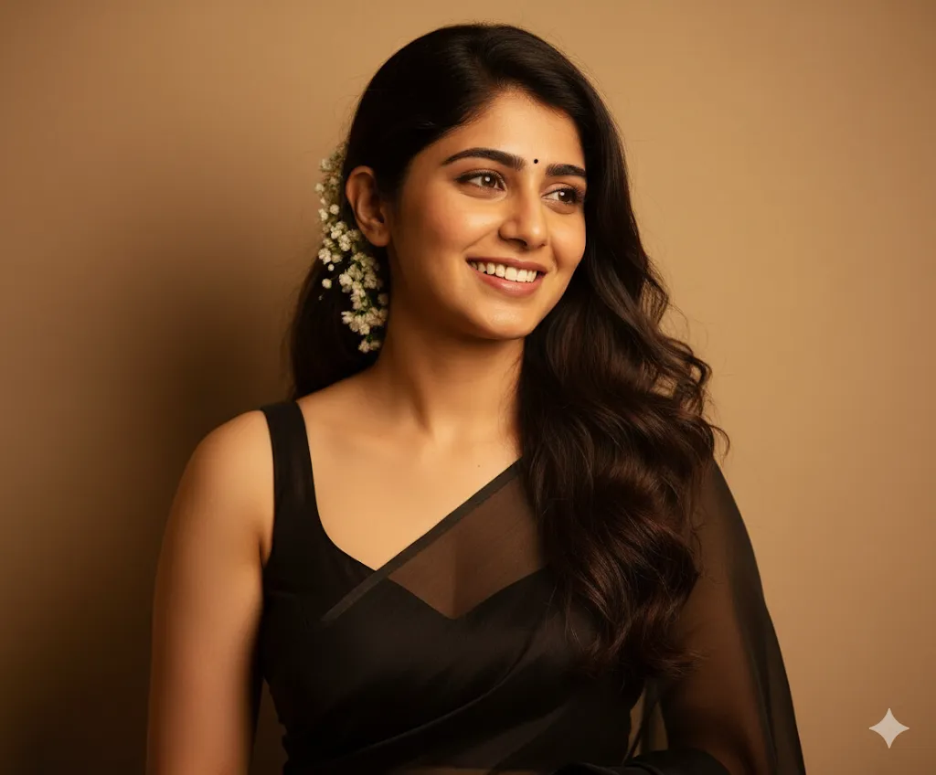 Elegant Woman in Black Saree – Studio Portrait with Floral Hair Accessories