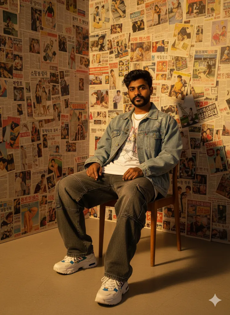 Vintage Newsroom Vibes – Man in Denim Surrounded by Retro Newspaper Collage