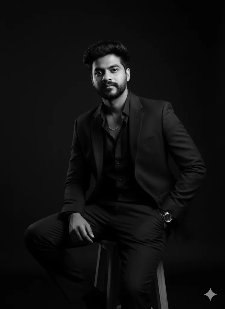 Timeless Monochrome – Man in Black Suit Seated Against Dark Studio Backdrop (Gemini Ai Prompt)