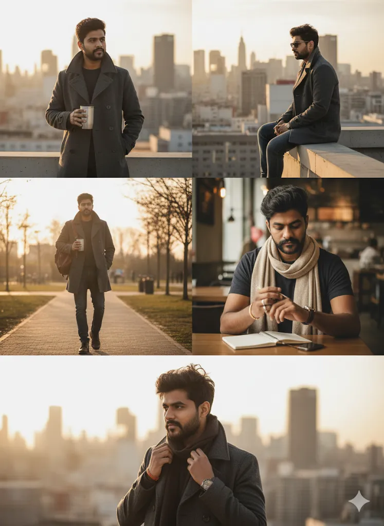 Urban Autumn Vibes – Man in Stylish Grey Coat with Coffee Through the City (Gemini Ai Prompt)