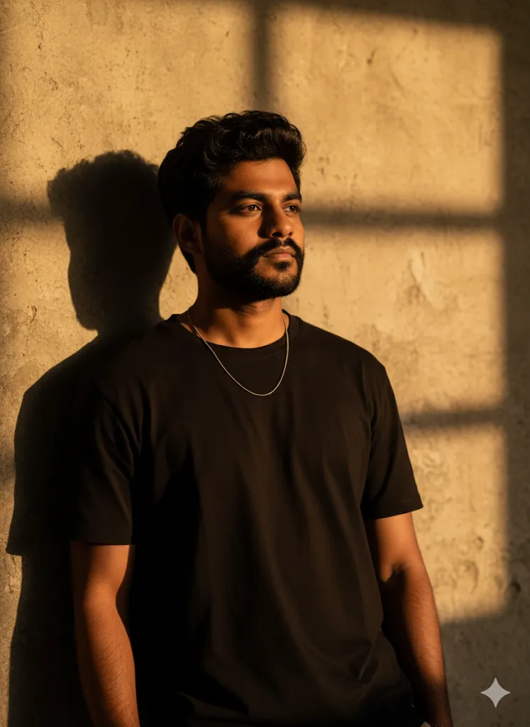 Golden Window Shadows – Man in Black T-Shirt with Dramatic Sunlight Patterns on Wall (Gemini Ai Prompt)