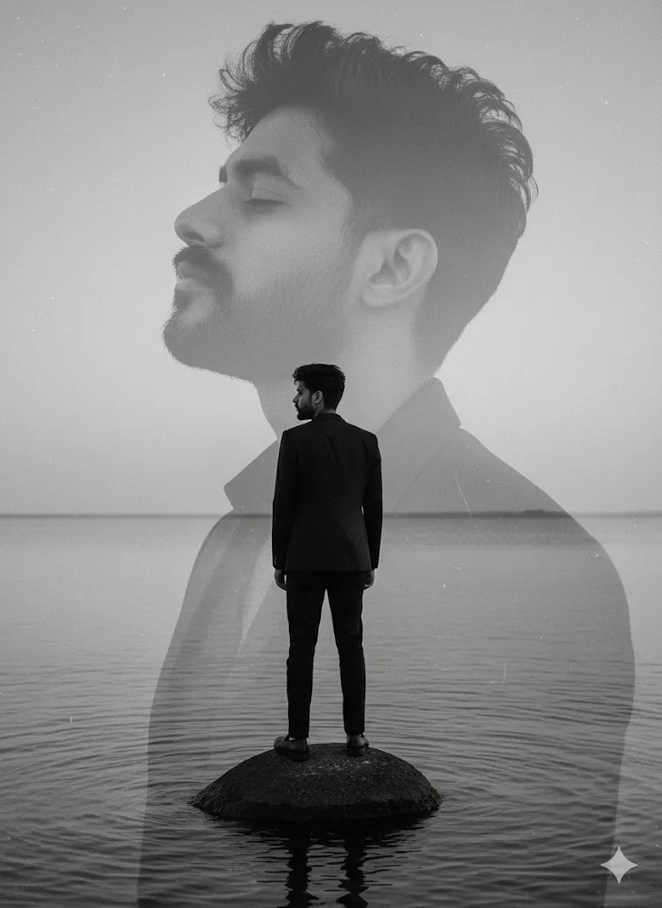 Dual Reflection – Man in Suit Standing in Water with Artistic Double Exposure (Gemini Ai Prompt)