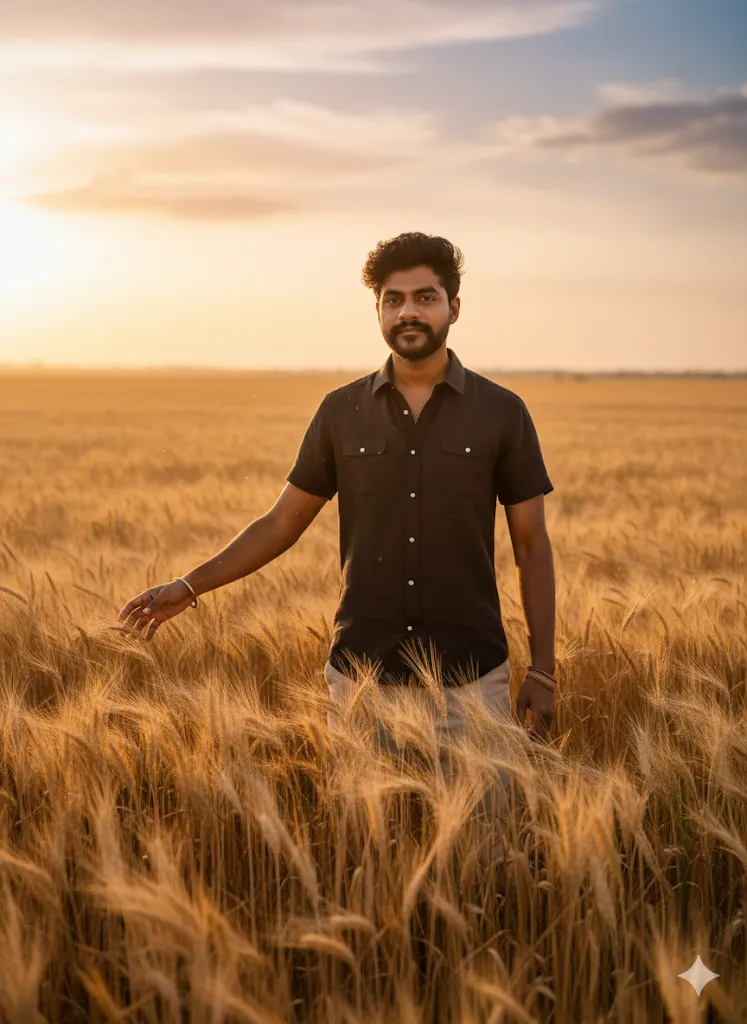 Golden Wheat Field at Sunset with Man Standing – AI Generated Nature Portrait