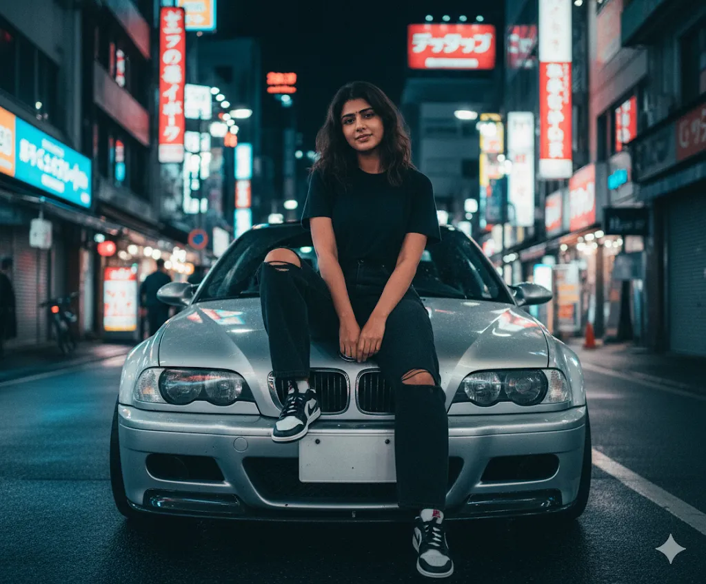 Neon Night Street Portrait – Woman in Black Sitting on Car Hood in Vibrant City
