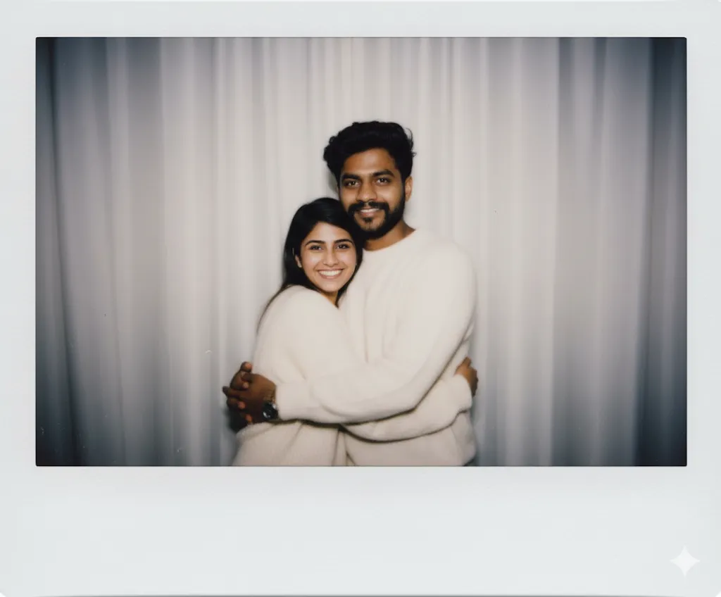 Polaroid Couple Portrait in White Sweaters – Cozy Minimalist Studio Hug