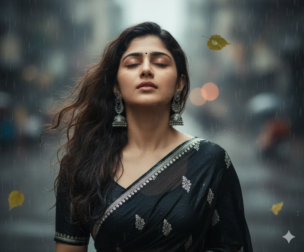 Monsoon Muse – Woman in Black Saree with Silver Accents and Statement Earrings in the Rain (Gemini Ai Prompt)
