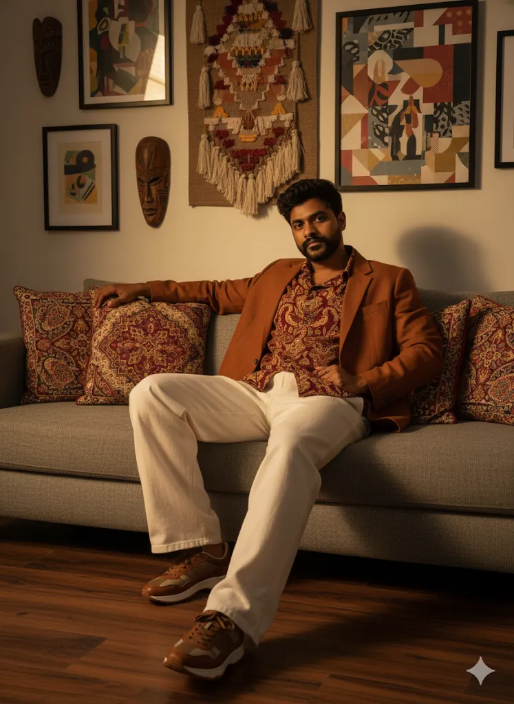 Retro Boho Living Room Portrait – Stylish Man in Patterned Shirt on Cozy Couch