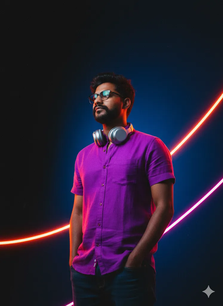 Neon Pulse – Man in Purple Shirt with Headphones under Futuristic Neon Lights (Gemini Ai Prompt)