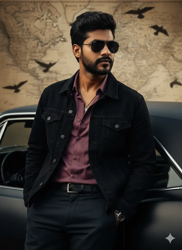 World Traveler Portrait – Stylish Man in Black Denim with Vintage Car and Map Backdrop