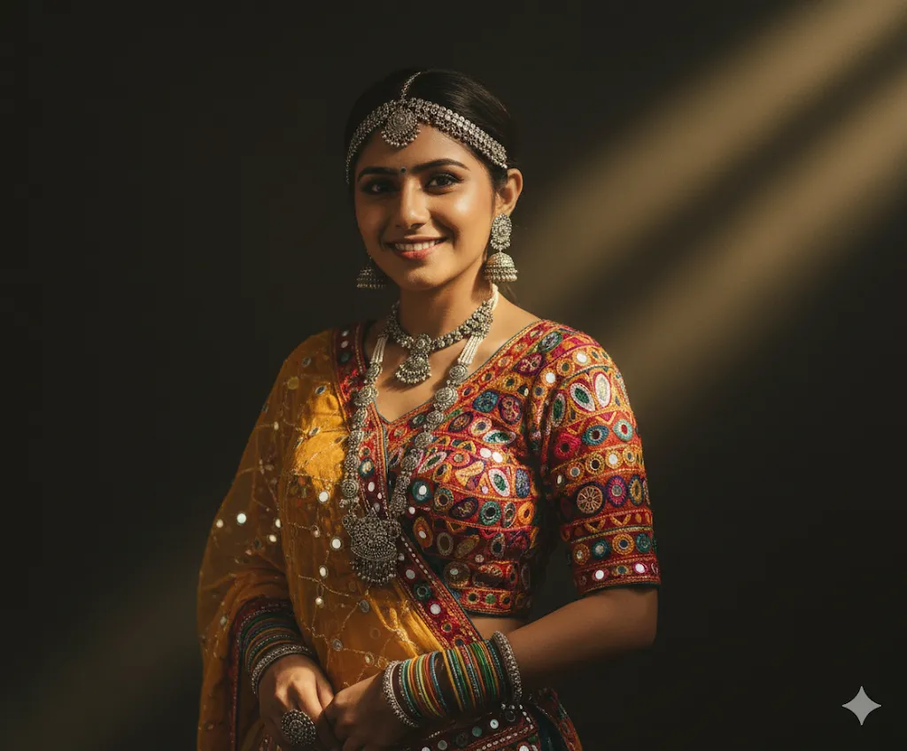 Sunbeam Tradition – Woman in Mirrorwork Gujarati Chaniya Choli with Antique Jewelry (Gemini Ai Prompt)