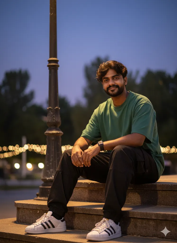 Evening Glow – Man in Green T-shirt and Sneakers on Steps at Blue Hour (Gemini Ai Prompt)