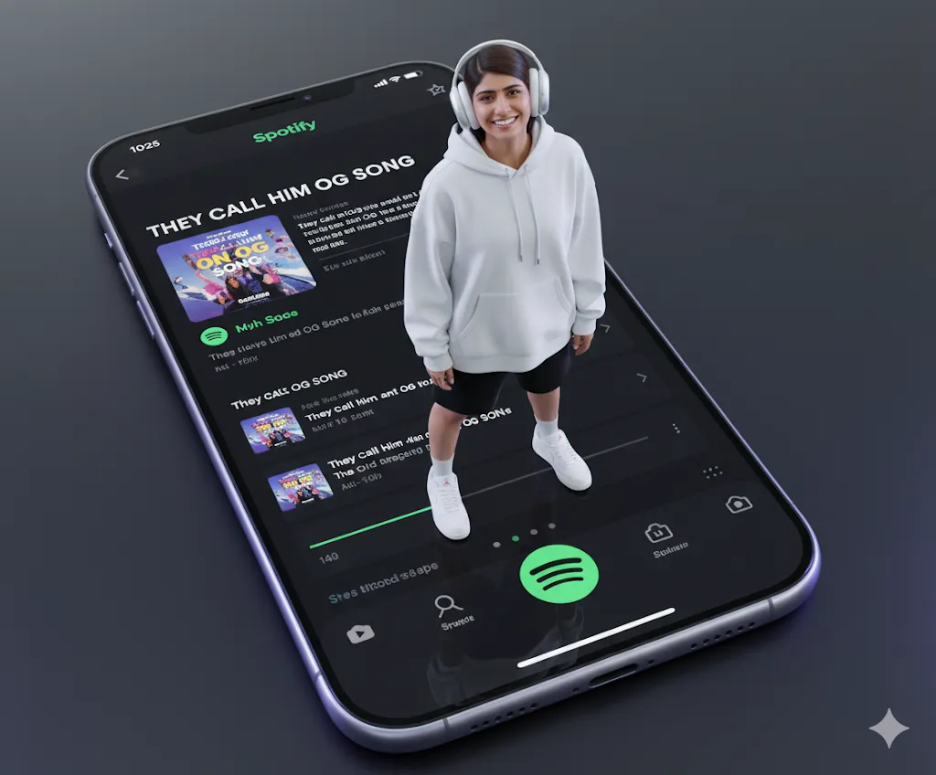 Spotify Music Listener 3D Art – Hoodie Character Standing on Mobile App Interface