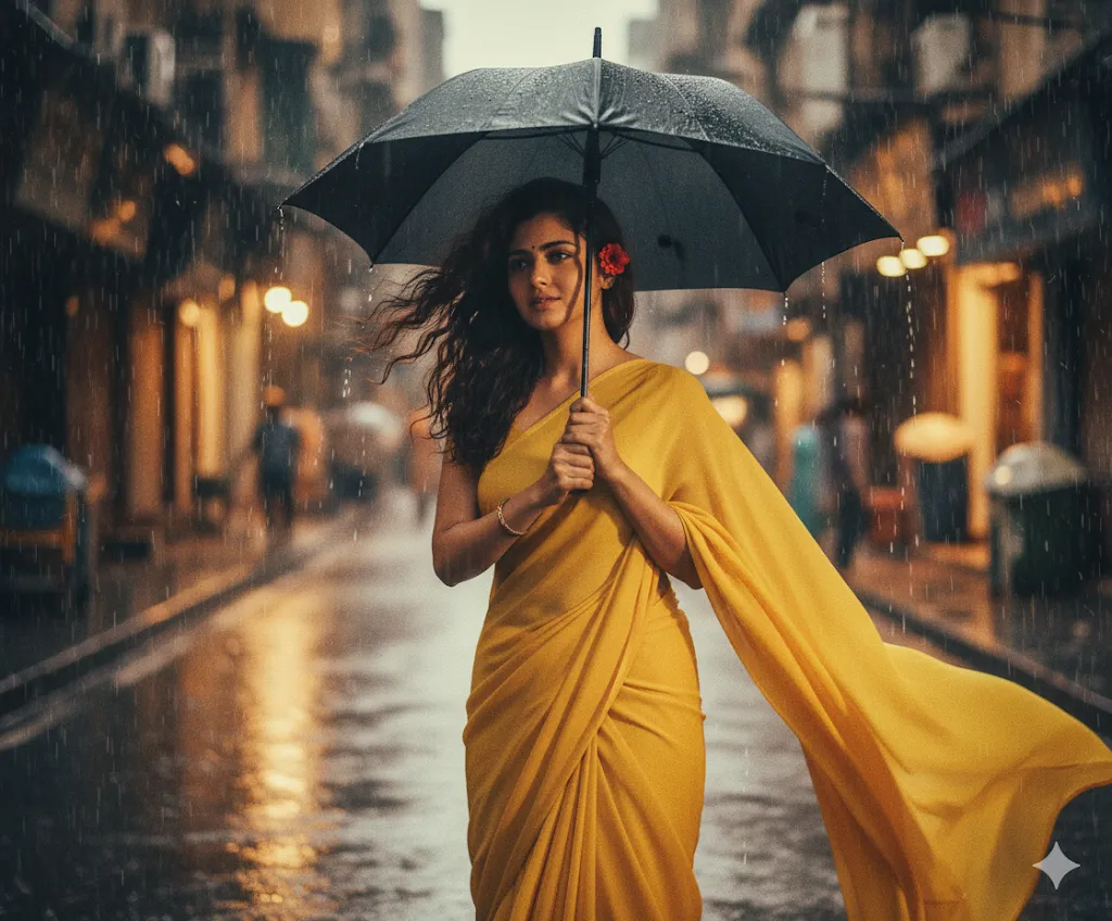 Rainy Day Runway – Woman in Flowing Yellow Saree with Black Umbrella in Urban Downpour (Gemini Ai Prompt)