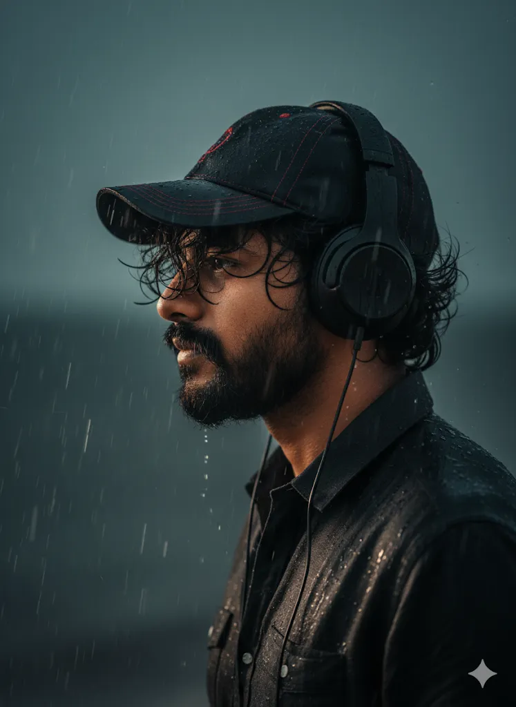 Urban Rain Beats – Man in Cap and Headphones Under Rain (Gemini Ai Prompt)