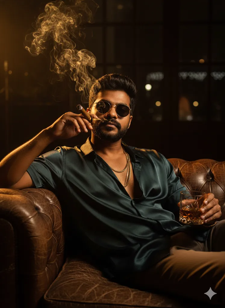 Dramatic Cigar Lounge Portrait – Stylish Man in Sunglasses with Whiskey and Smoke