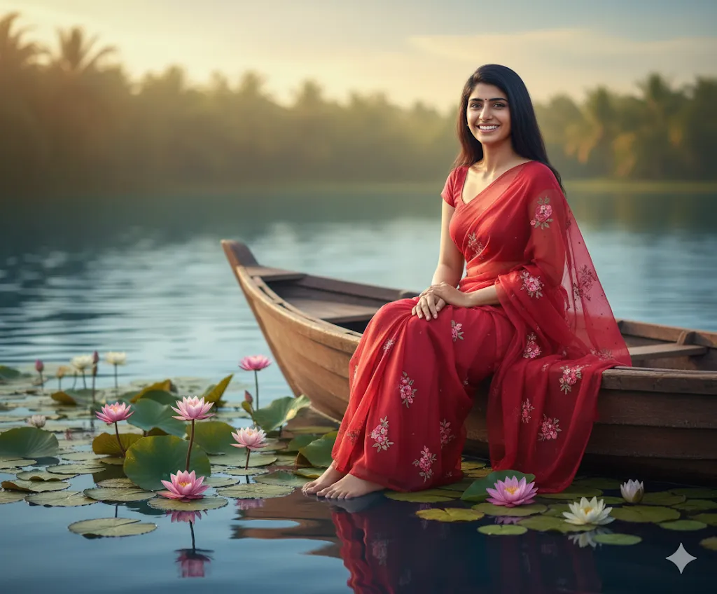 Lake Lotus Serenity – Woman in Red Floral Saree on Wooden Boat Surrounded by Water Lilies (Gemini Ai Prompt)