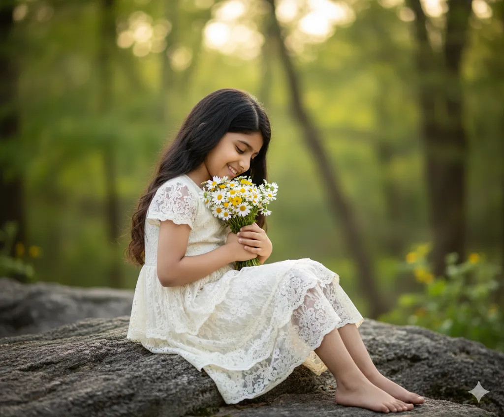 Woodland Petals – Girl in Lace Dress Hugging Daisy Bouquet on Mossy Rock (GemWoodland Petals – Girl in Lace Dress Hugging Daisy Bouquet on Mossy Rock (Gemini Ai Prompt)