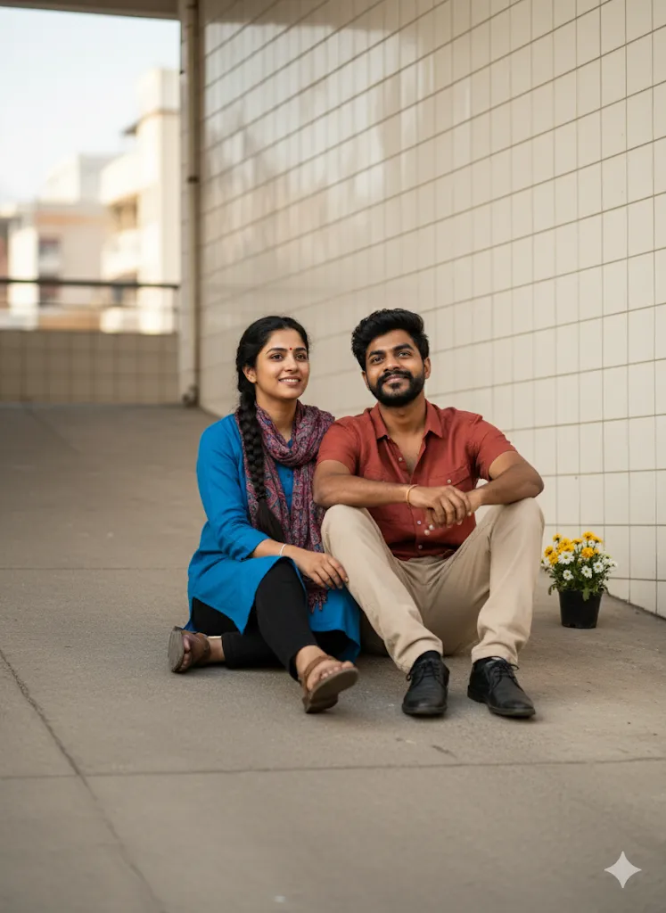 Urban Ease – Couple Sitting Together Near Tiled Wall with Potted Flowers (Gemini Ai Prompt)