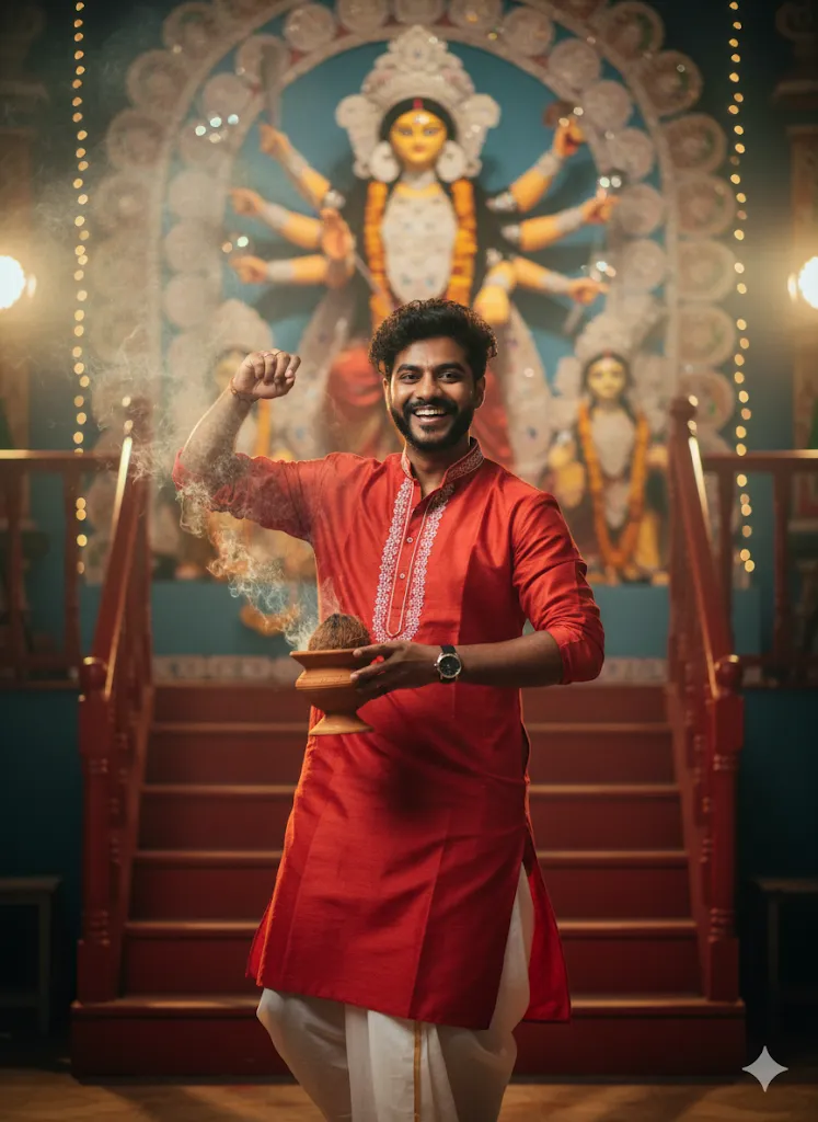 Festival Ritual – Man in Red Kurta Offering Incense for Goddess Durga (Gemini Ai Prompt)