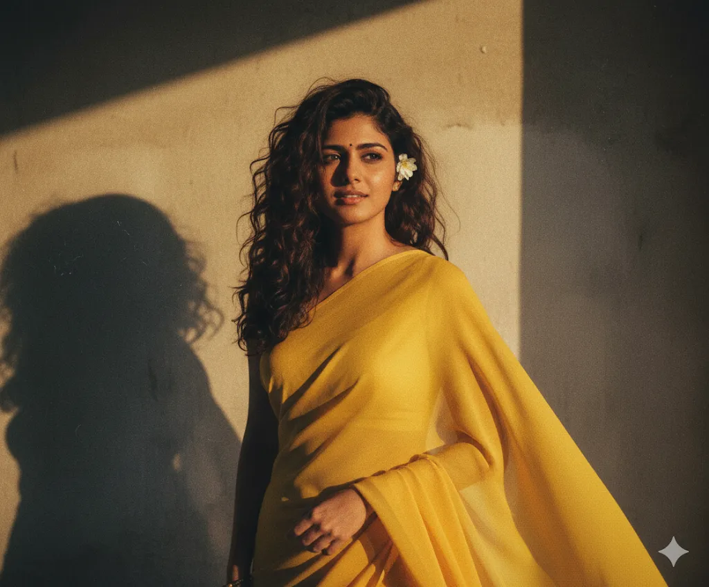 Golden Hour Elegance – Woman in Flowing Yellow Saree with Flower in Hair (Gemini Ai Prompt)