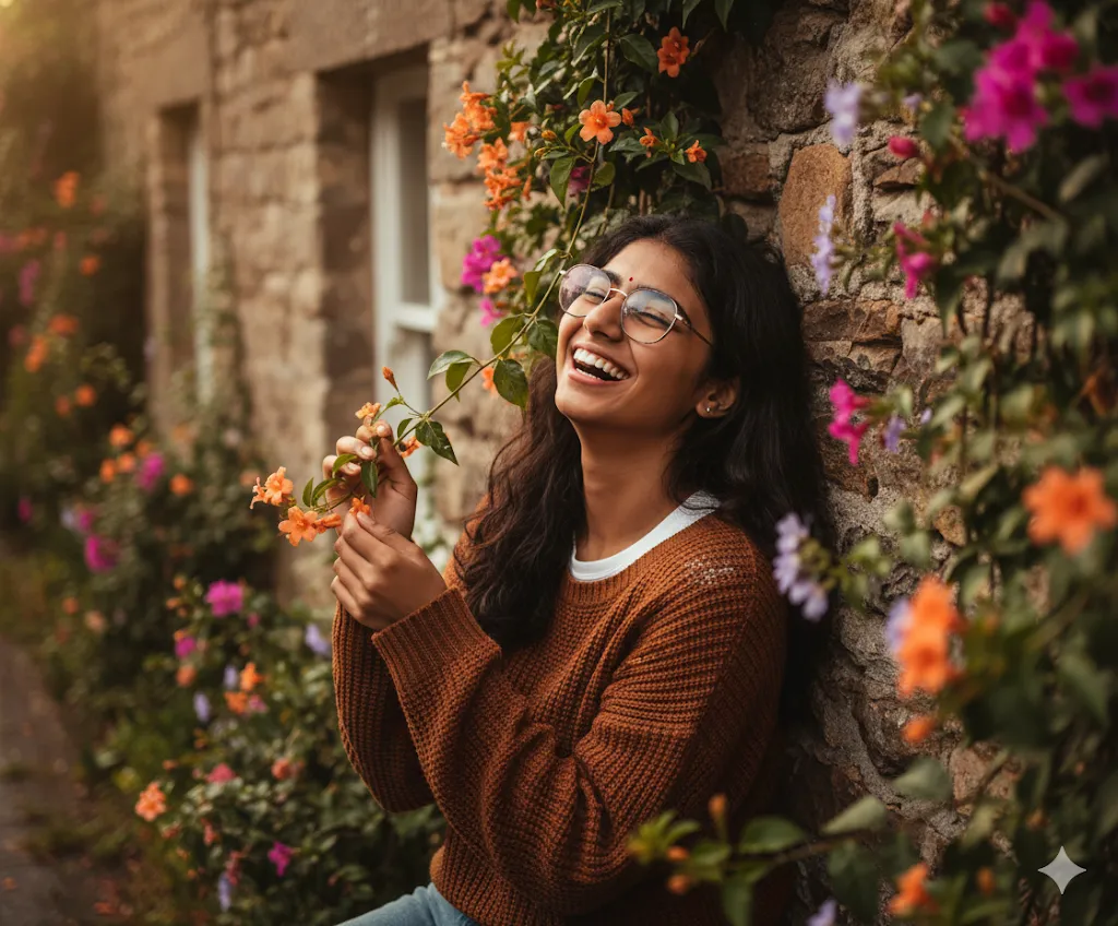 Rustic Blossom Retreat – Woman in Brown Sweater Surrounded by Vibrant Flowers Along Stone Wall (Gemini Ai Prompt)