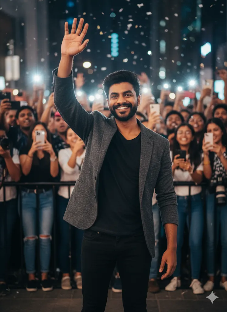 Spotlight Arrival – Man in Grey Blazer Waving to Adoring Fan Crowd (Gemini Ai Prompt)