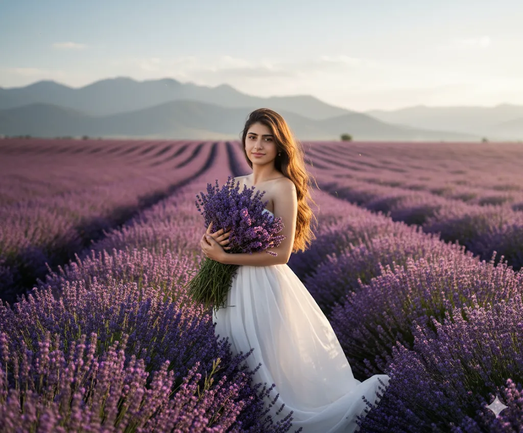 Lavender Dreamscape – Woman in White Dress Holding Blooms in Endless Purple Field (Gemini Ai Prompt)