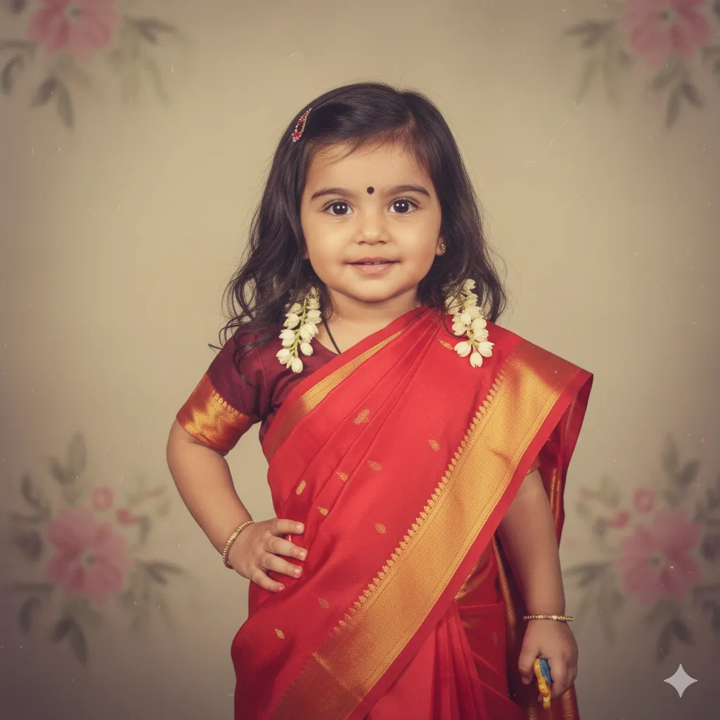 Little Diva – Young Girl in Traditional Red Saree with Flowers and Accessories (Gemini Ai Prompt)