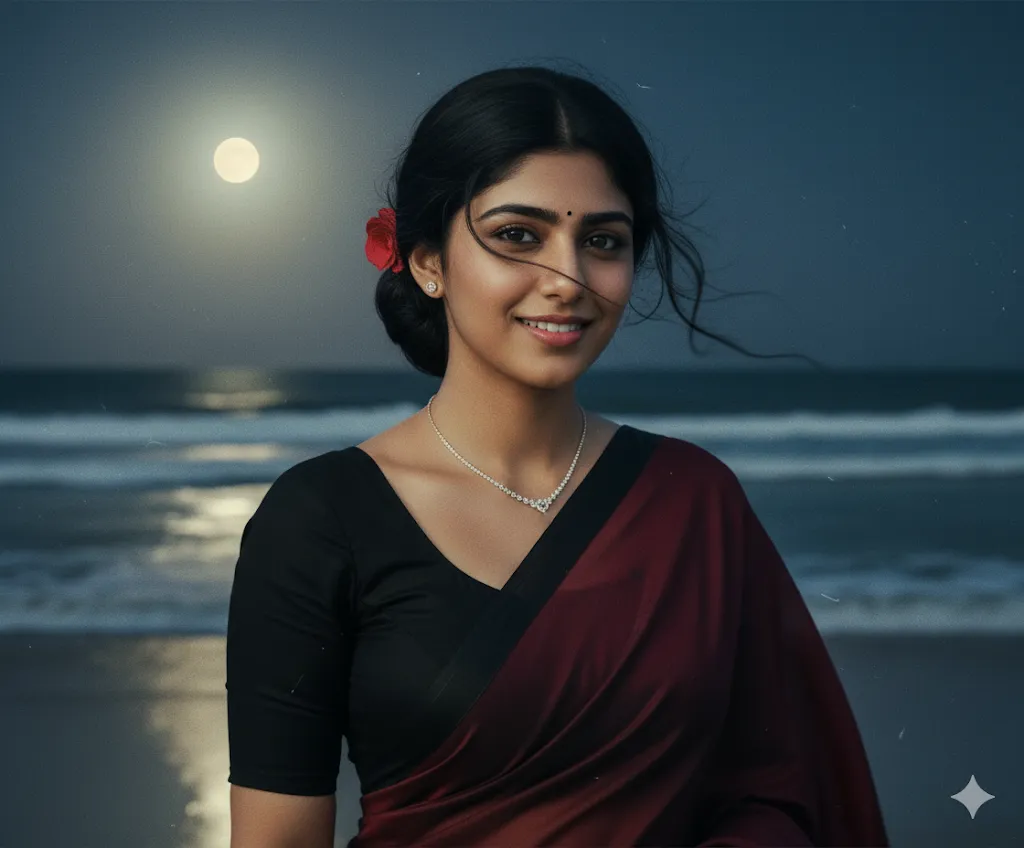 Moonlit Beach Portrait – Elegant Woman in Maroon Saree with Red Flower