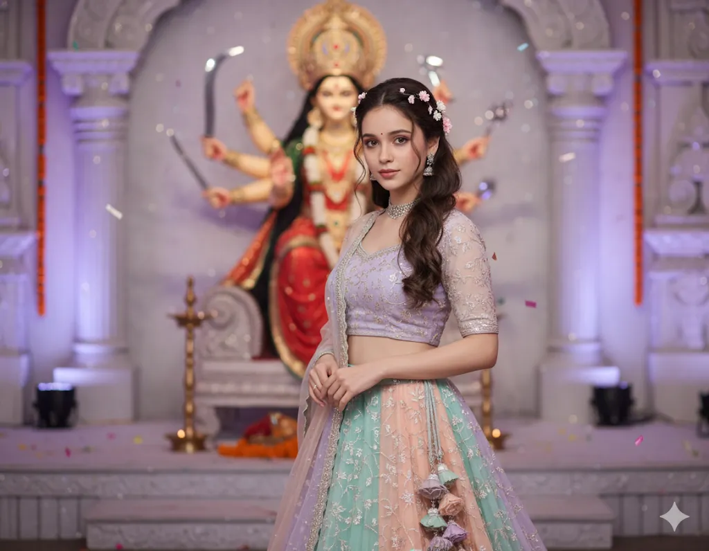 Festive Durga Puja Portrait – Elegant Woman in Pastel Lehenga at Temple